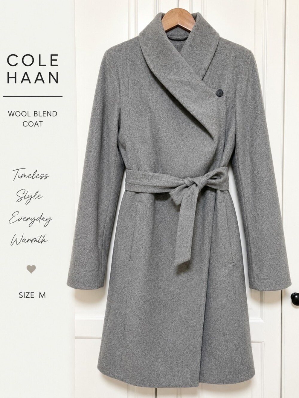 Cole Haan Wool Blend Belted Coat Grey Women 10